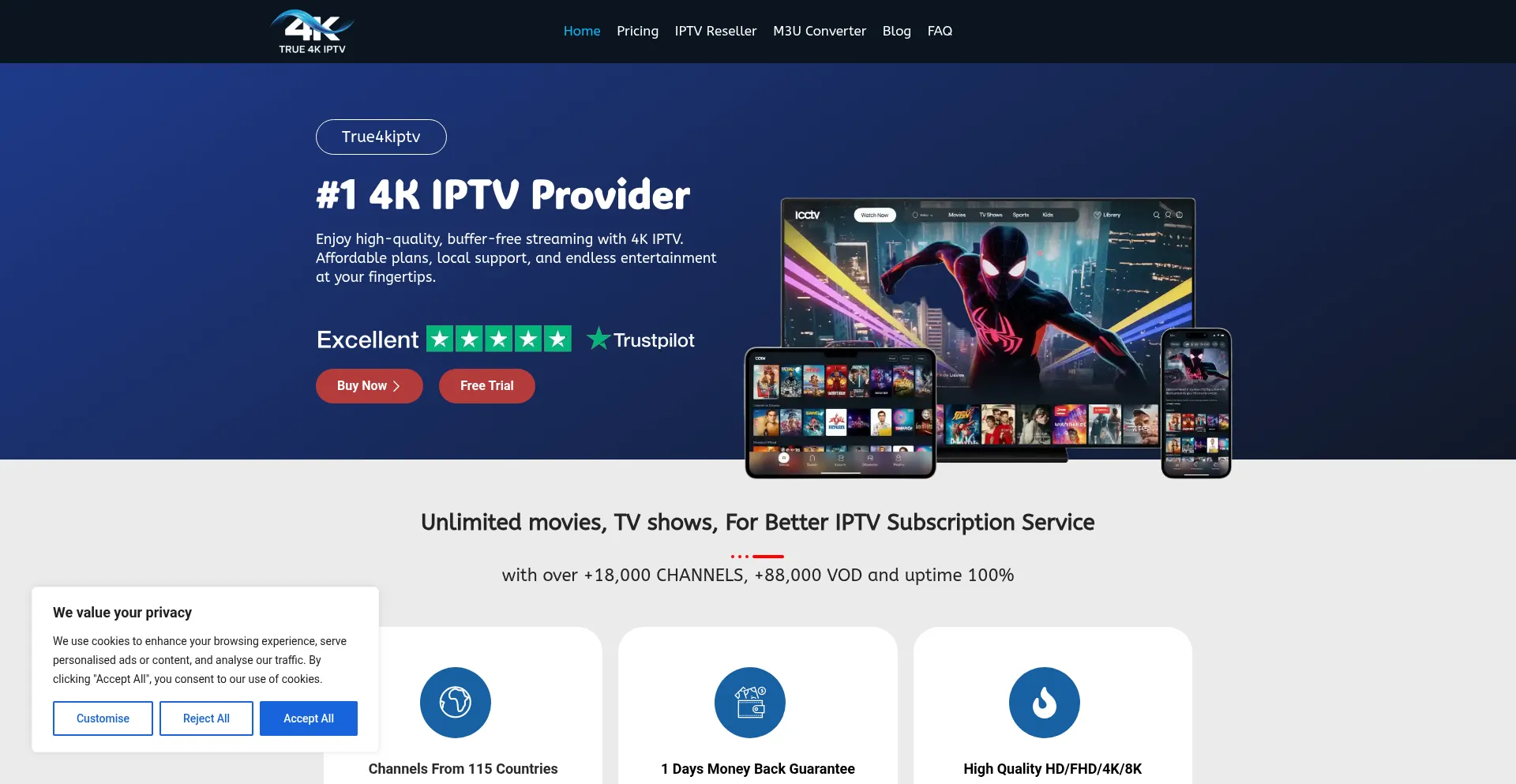 Screenshot of true4kiptv.com homepage