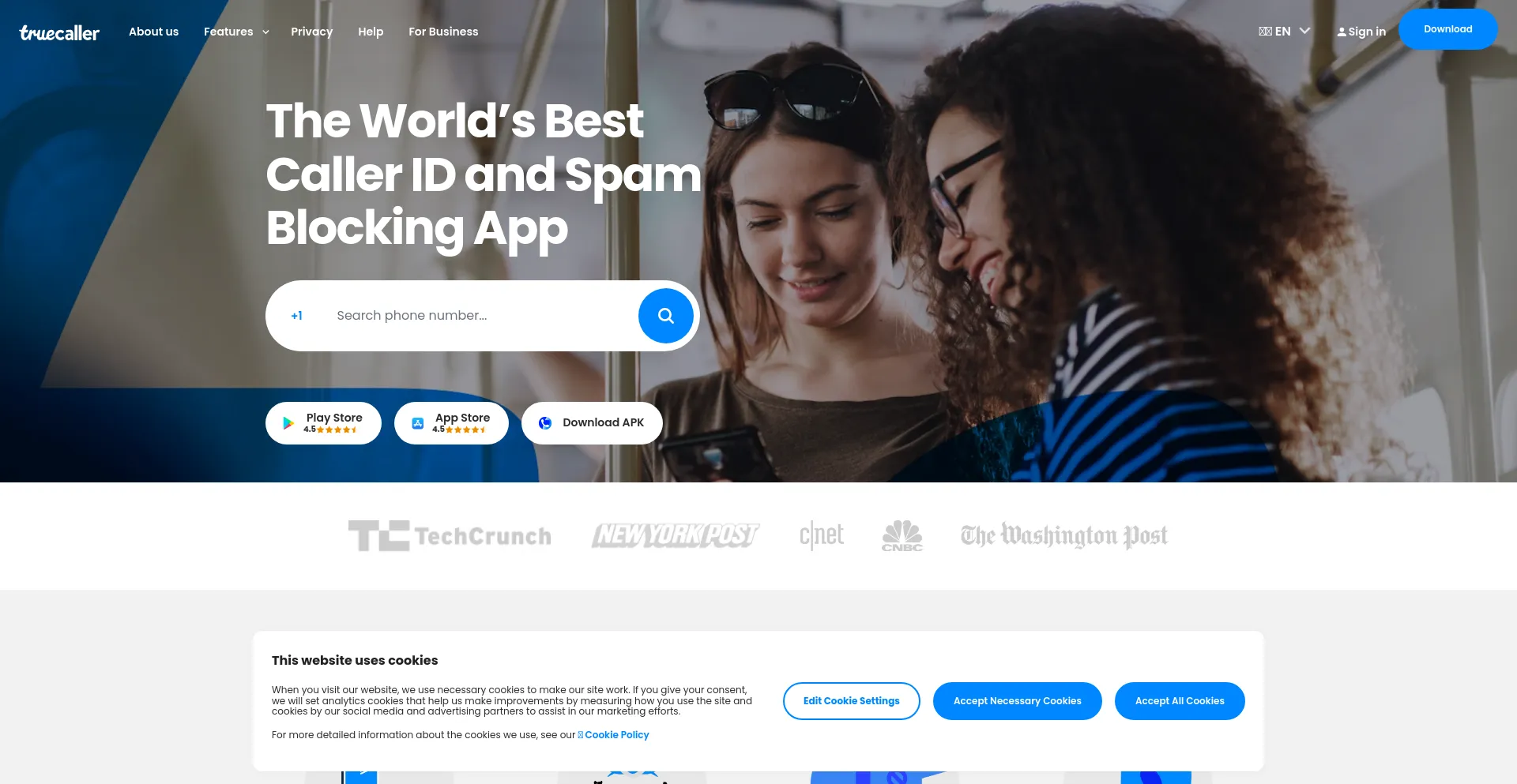 Screenshot of truecaller.com homepage
