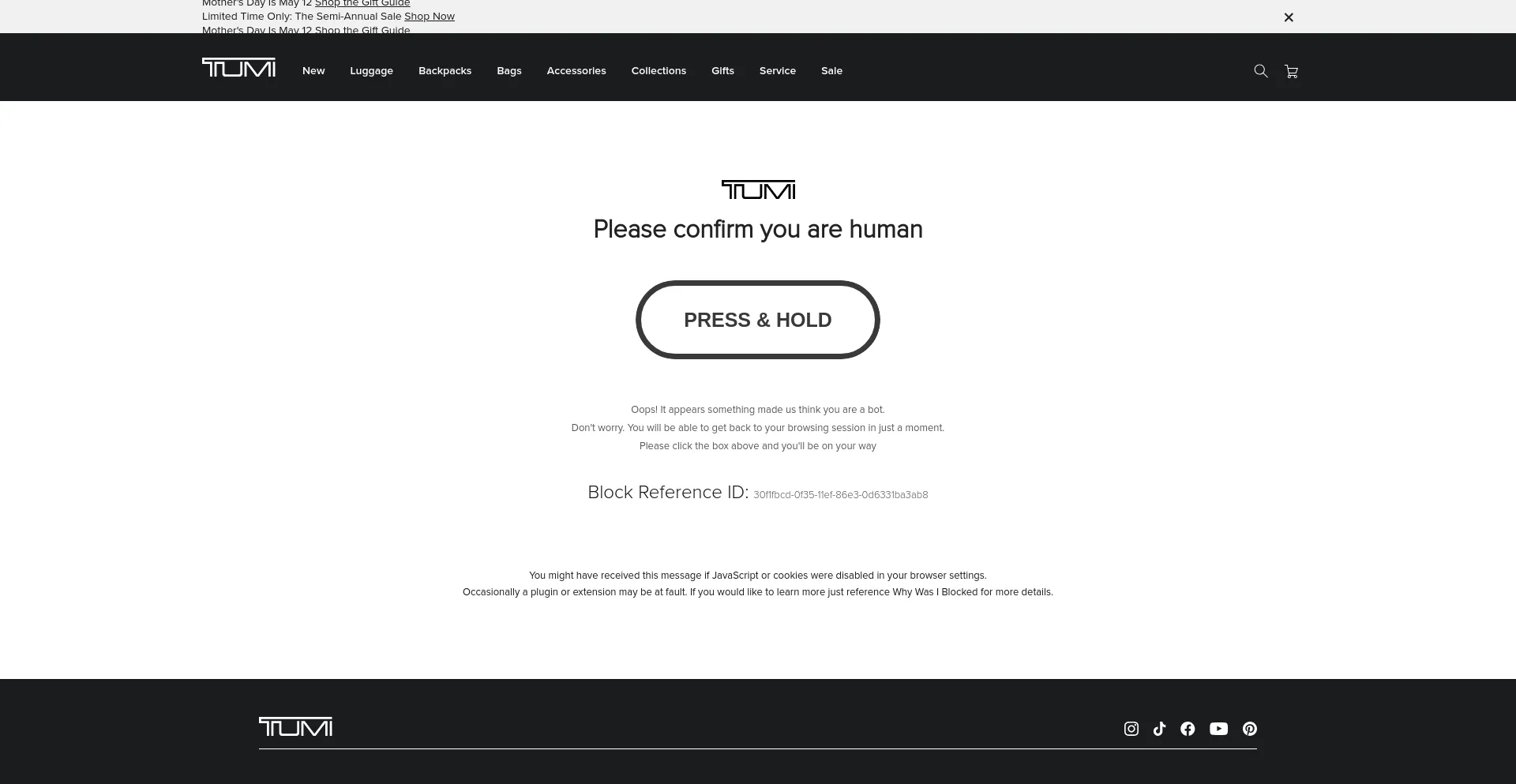 Screenshot of tumi.com homepage