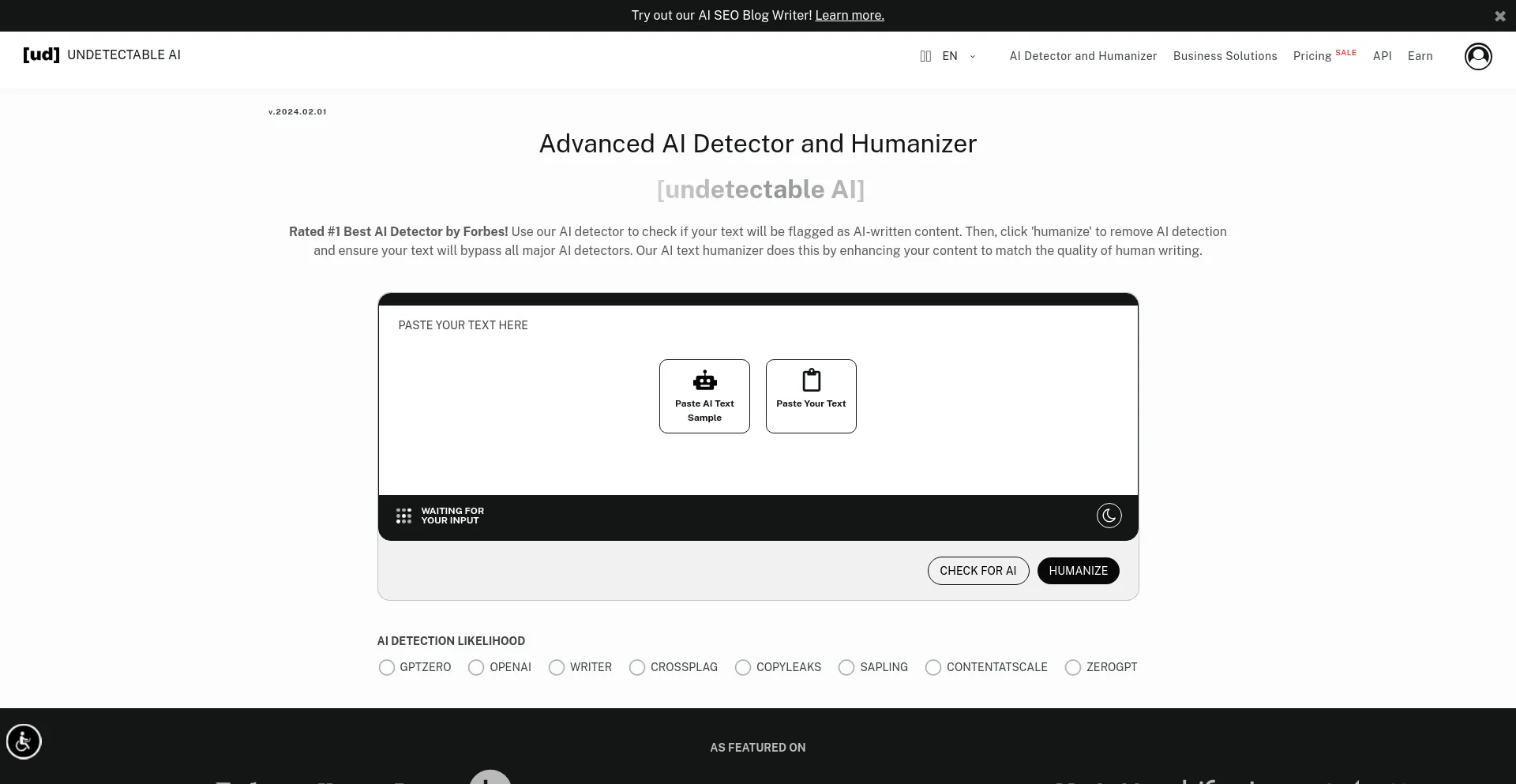 Screenshot of undetectable.ai homepage