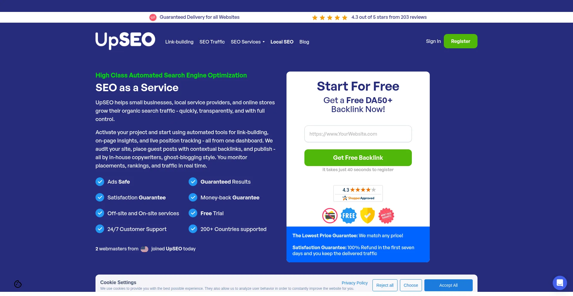 Screenshot of upseo.com homepage