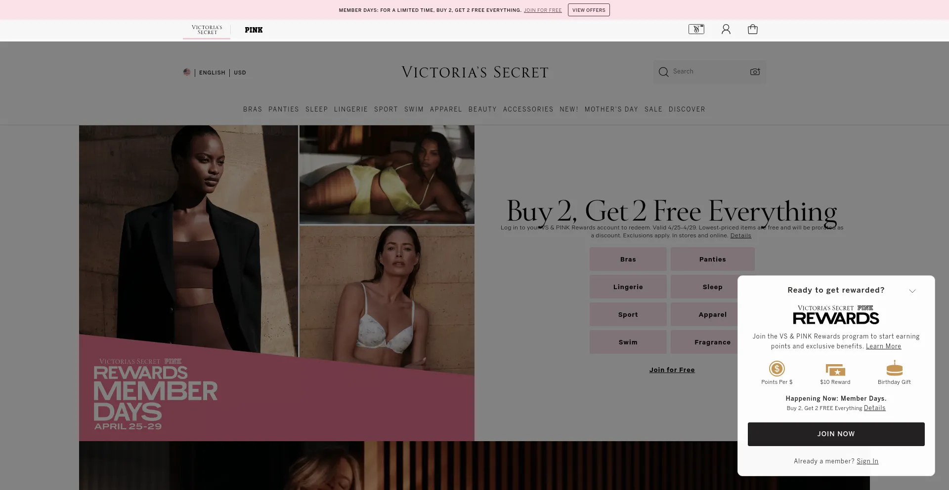 Screenshot of victoriassecret.com homepage