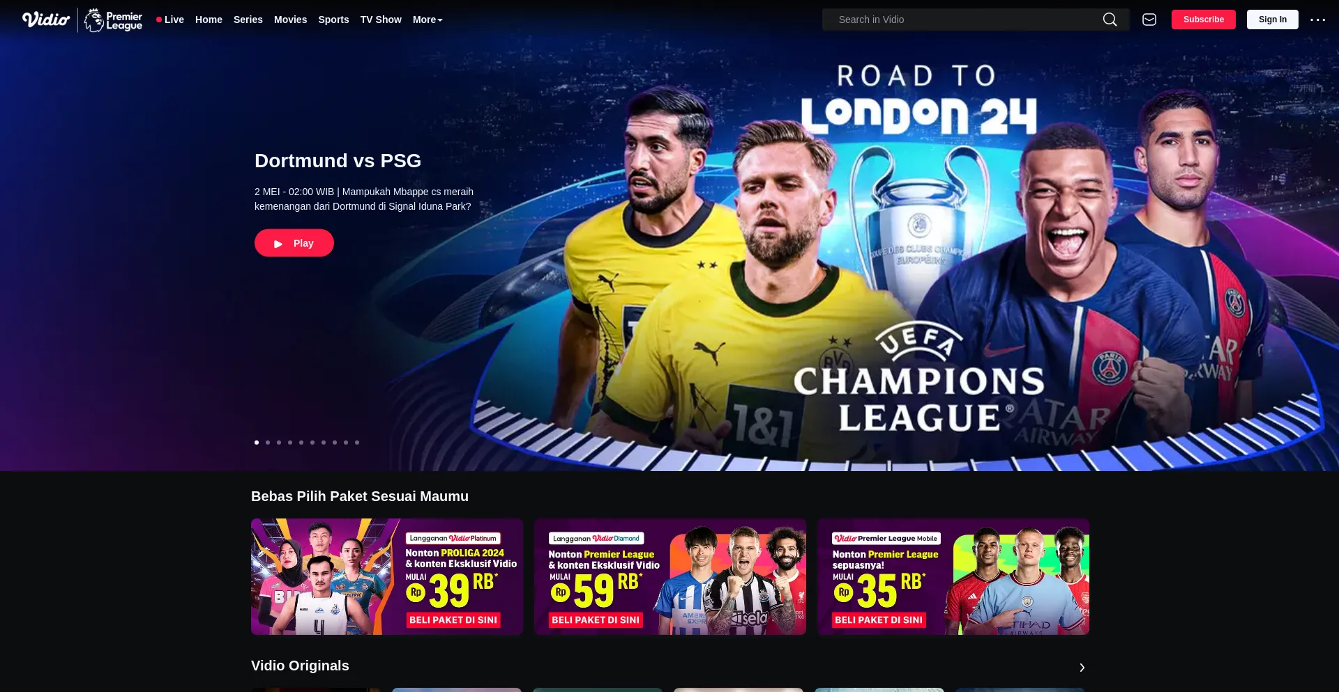 Screenshot of vidio.com homepage