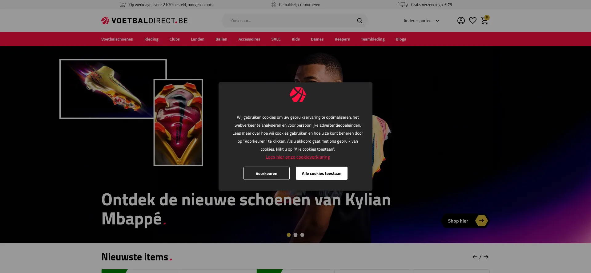 Screenshot of voetbaldirect.be homepage
