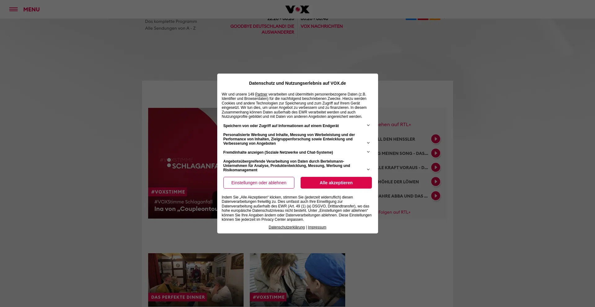 Screenshot of vox.de homepage