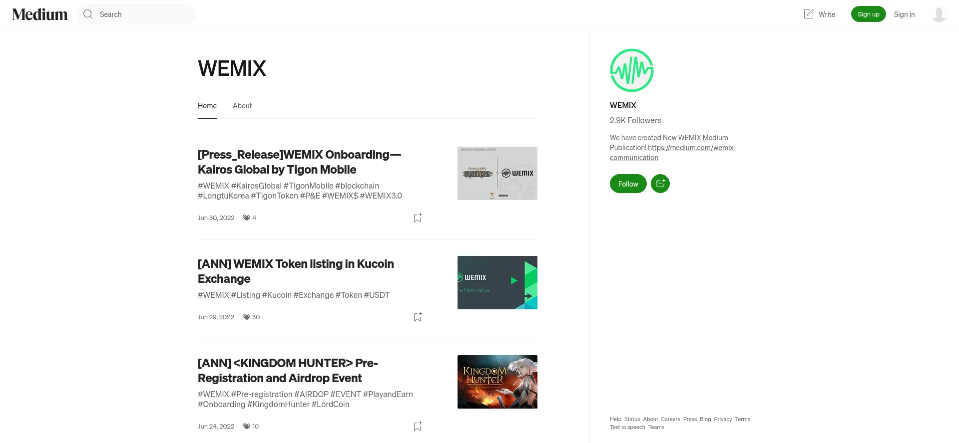 Screenshot of wemixnetwork.medium.com homepage