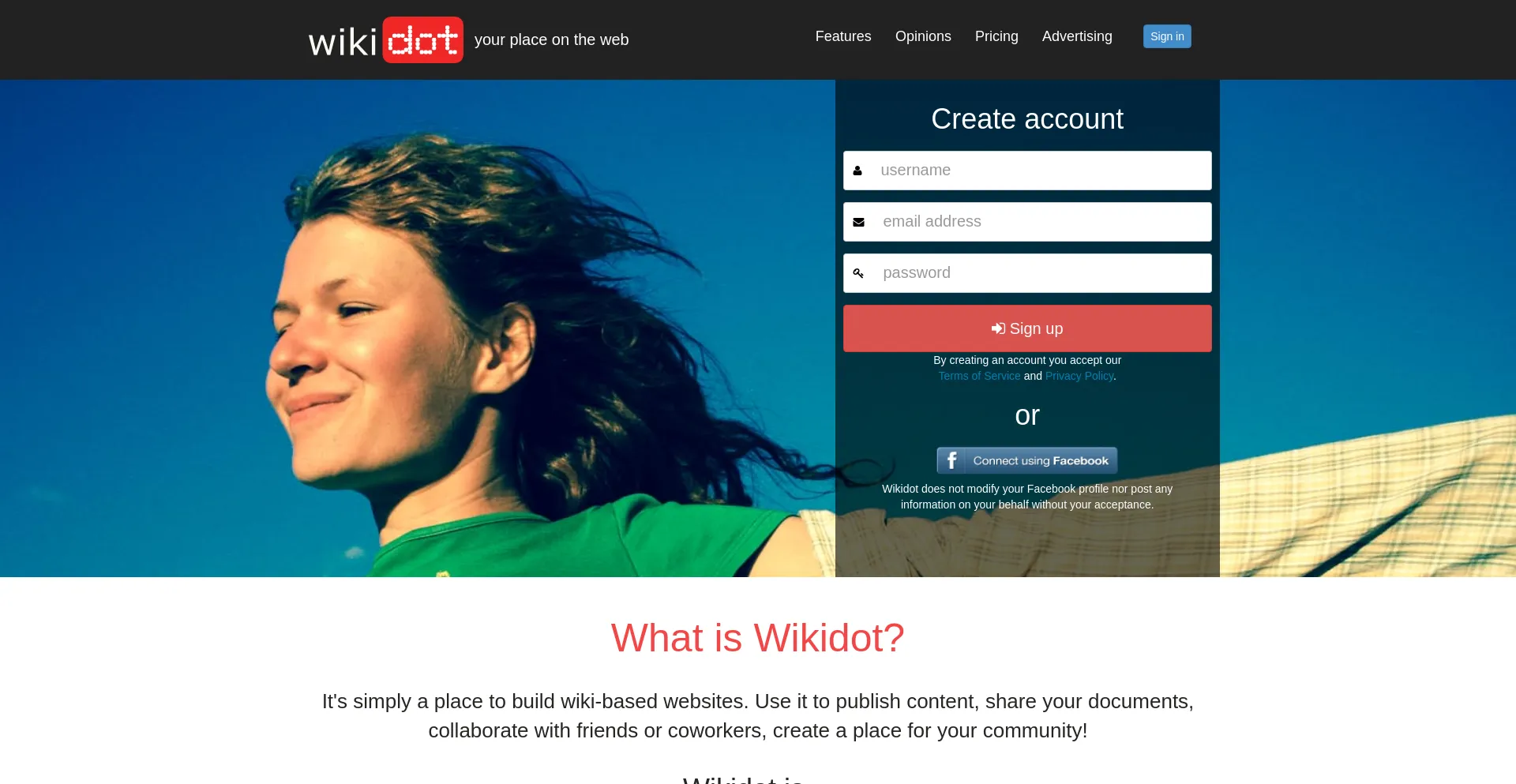 Screenshot of wikidot.com homepage