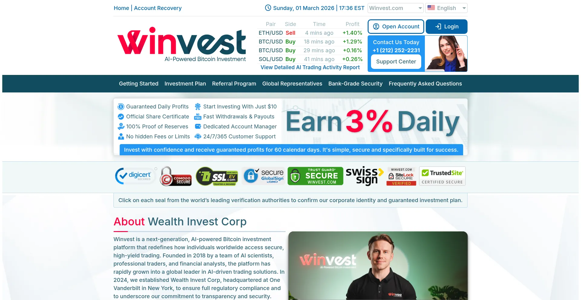 Screenshot of winvest.com homepage