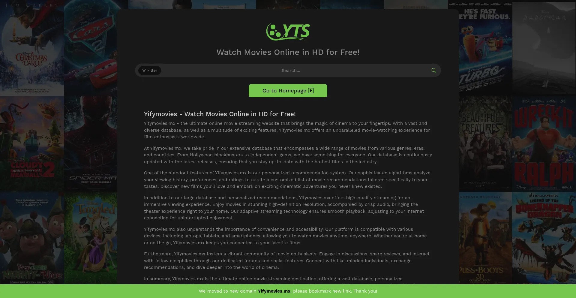 Screenshot of yifymovies.mx homepage