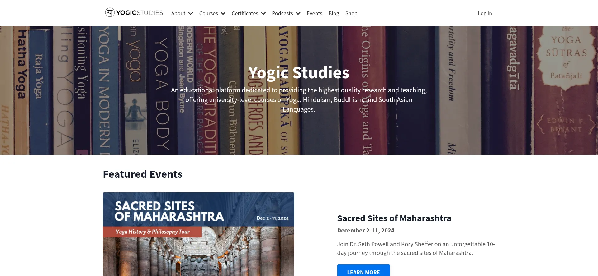 Screenshot of yogicstudies.com homepage