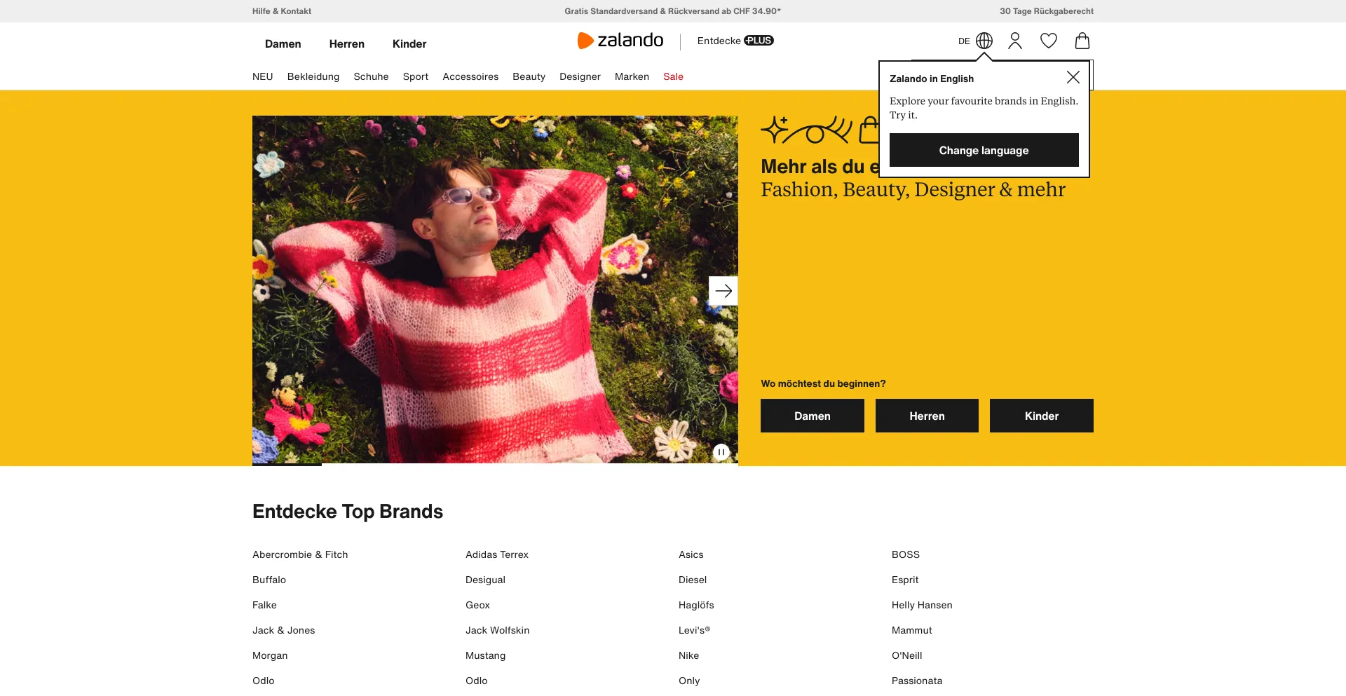 Screenshot of zalando.ch homepage