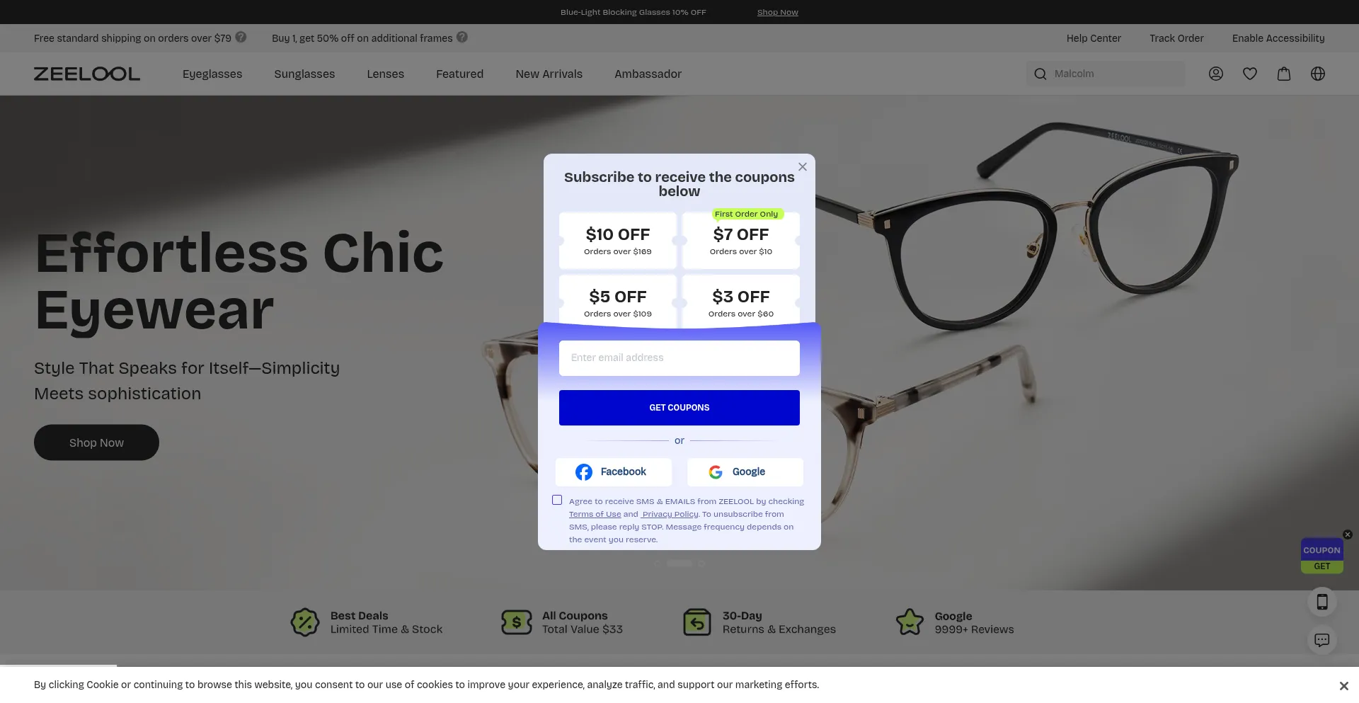 Screenshot of zeelool.com homepage