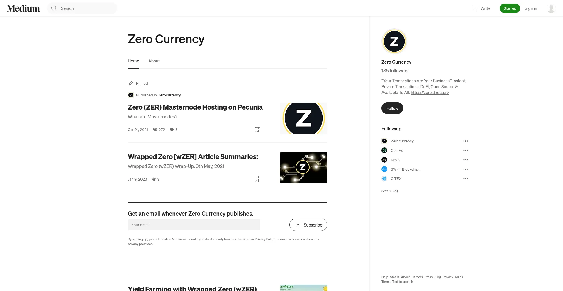 Screenshot of zerocurrency.medium.com homepage